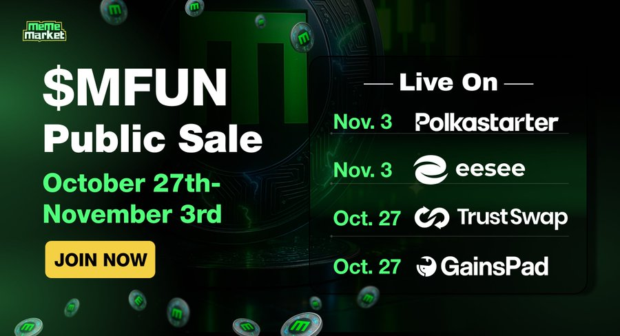 🎉 7 DAYS TO GO! 🎉 $MFUN  <a href="/MemeMarketFun/">MemeMarket</a> Public Sale kicks off Oct 27! 🚀
Join the revolution on <a href="/TrustSwap/">TrustSwap</a> &amp; <a href="/GainsAssociates/">GAINS Associates</a>! 💰
🔥 5% Token Boost
🌱 3 High-Yield Staking Pools
🛡️ No VC Unlocks
Get in early! 👉 mememarket.fun/mfun-public-sa…
#MFUN #MemeMarket #Crypto #IDO