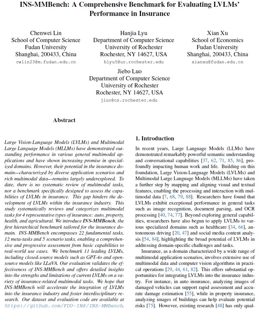 cw_lin928's tweet image. 🎉Excited to present our paper  at @ICCVConference, co-authored with @Bruce_Lyu17 , @JieboLuo and Xian Xu: “INS-MMBench: A Comprehensive Benchmark for Evaluating LVLMs&apos; Performance in Insurance”  ! 
Catch us at Poster Session 2 — Exhibit Hall 1, Booth #838, on Oct 21, 3–5 PM🌺