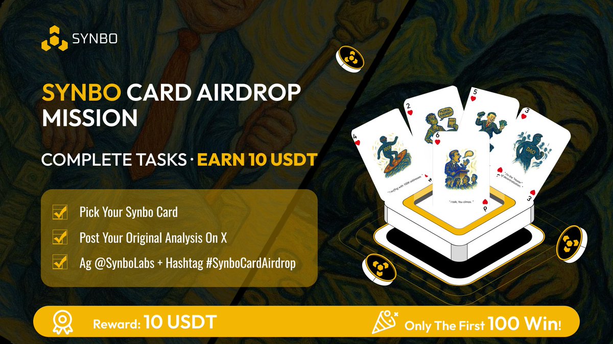 SynboLabs's tweet photo. 🚀 Synbo Card Airdrop is LIVE!

Think you understand Synbo? Prove it. 🧠💡

🎴 Pick your favorite Synbo Card,
Write your own interpretation, and share it on X!
🪂 Reward: 10 USDT
🎯 Only for the first 100 participants

To join:
1️⃣ Choose any Synbo Card and write your analysis
2️⃣ Post it with your card image
👉 Tag @SynboLabs + use #SynboAirdrop
Time to show your insights — and earn your rewards! 💰

#Web3 #Airdrop #SynboProtocol