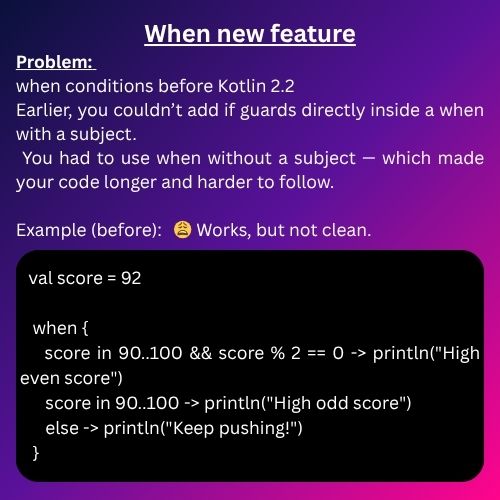 KaushalVasavaIn's tweet image. Kotlin 2.2 just made your when expressions and string templates a lot cleaner!
Kotlin 2.2 quietly dropped two super useful updates that make your code more readable and less frustrating.
Let’s look at them 👇
#kotlindev #kotlin #kotlinandroid #kotlinprogramming
@kotlin