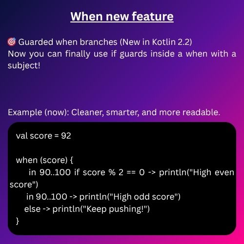 KaushalVasavaIn's tweet image. Kotlin 2.2 just made your when expressions and string templates a lot cleaner!
Kotlin 2.2 quietly dropped two super useful updates that make your code more readable and less frustrating.
Let’s look at them 👇
#kotlindev #kotlin #kotlinandroid #kotlinprogramming
@kotlin