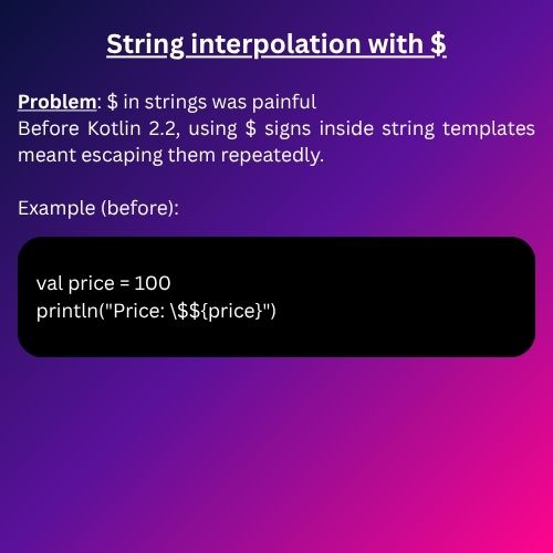 KaushalVasavaIn's tweet image. Kotlin 2.2 just made your when expressions and string templates a lot cleaner!
Kotlin 2.2 quietly dropped two super useful updates that make your code more readable and less frustrating.
Let’s look at them 👇
#kotlindev #kotlin #kotlinandroid #kotlinprogramming
@kotlin