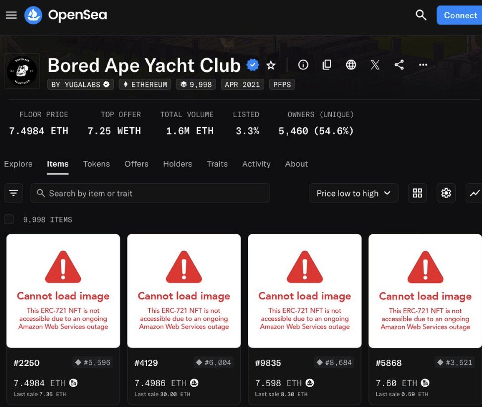 😂 You spent thousands (even millions) on an Ape JPEG…
…and now you can’t even see it.

Because the images are hosted on Amazon Web Services (AWS) — which went down today.

That’s right: your “decentralized NFT” relies on a centralized cloud server. ☁️

Blockchain =