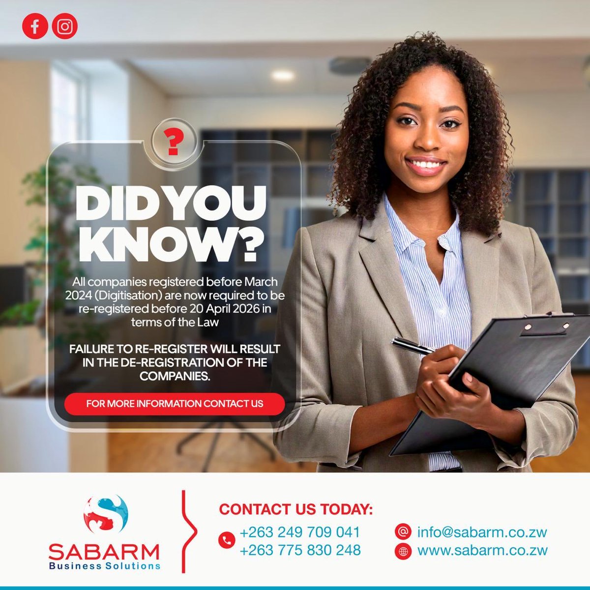 🚨🚨🚨The deadline for re-registration of companies has been set for 20 April 2026. Do not be caught unaware🫵🏻. Contact us today and let us re-register your company