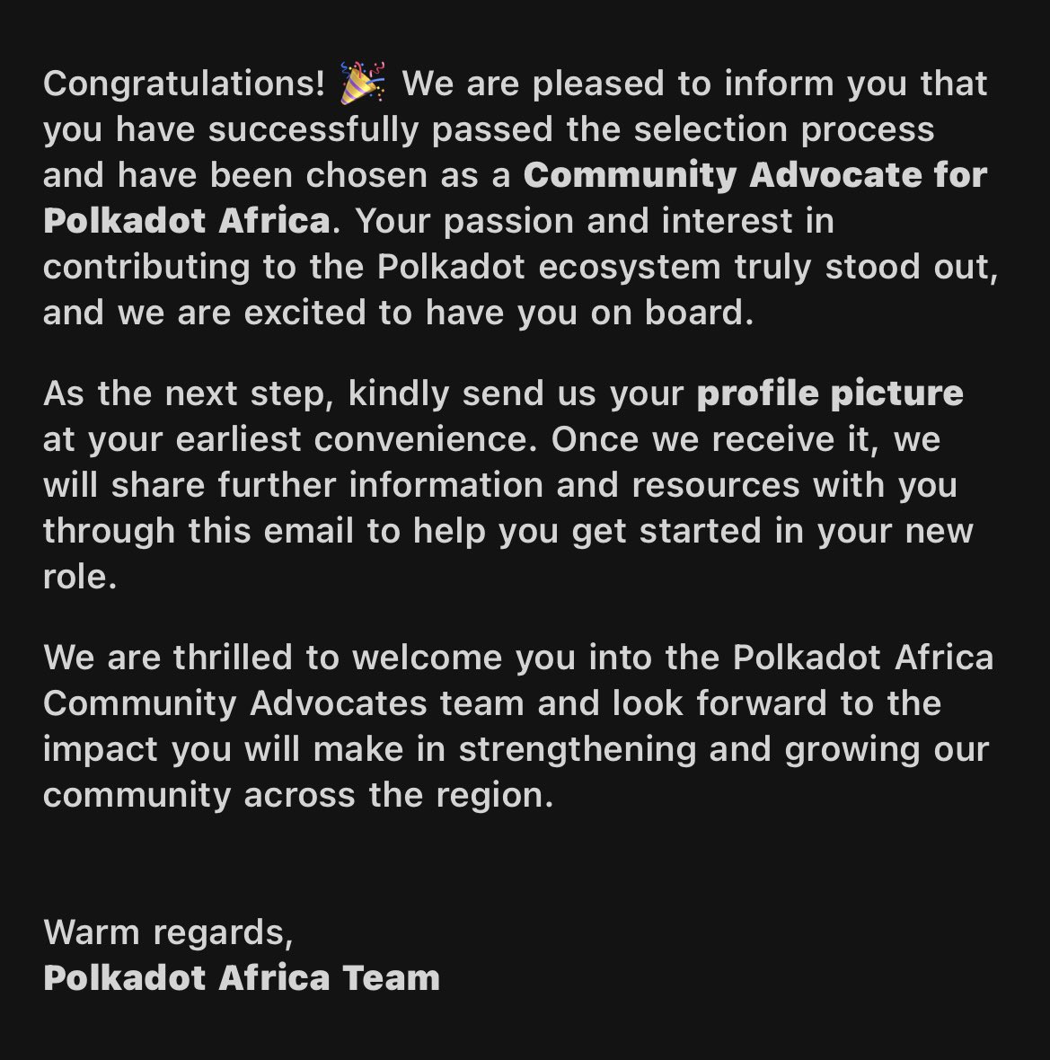 levdev_ojukwu's tweet image. Congratulations finally caught up with me.🎉
I’ve been accepted as a community advocate for @PolkadotAfrica.
This marks a new chapter, one where I get to learn, connect with builders, support community events, and help grow the polkadot ecosystem across Africa.
#polkadotAfrica