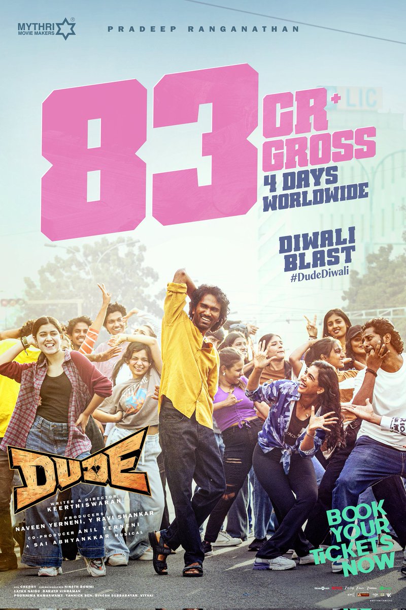 Aswinkumar_TVK (@aswinkumar_tvk) on Twitter photo 💥 A BLOCKBUSTER DIWALI for DUDE 💥
#DUDE collects 83 CRORES GROSS WORLDWIDE in 4 days ❤🔥
Best wishes to <a href="/Keerthiswaran_/">Keerthiswaran</a> 👏
<a href="/pradeeponelife/">Pradeep Ranganathan</a> 🤝 <a href="/_mamithabaiju/">Mamitha Baiju</a> 🤝
#DudeDiwali 💥👍 💥 A BLOCKBUSTER DIWALI for DUDE 💥
#DUDE collects 83 CRORES GROSS WORLDWIDE in 4 days ❤🔥
Best wishes to <a href="/Keerthiswaran_/">Keerthiswaran</a> 👏
<a href="/pradeeponelife/">Pradeep Ranganathan</a> 🤝 <a href="/_mamithabaiju/">Mamitha Baiju</a> 🤝
#DudeDiwali 💥👍