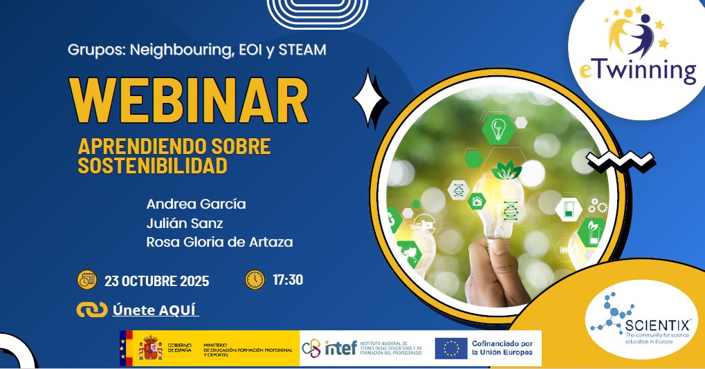 eTwinning_es's tweet image. 🌍 WEBINAR Trabajando la sostenibilidad a través de eTwinning
📅23 OCT 2025 | 🕠 17:30 h
✅ Cómo trabajar la sostenibilidad en #eTwinning
✅ Sinergias con #Scientix
🎤 Ponentes: Andrea García · Julián Sanz · Rosa Gloria
🔗 Conéctate aquí 👉 run.gob.es/ebn8deb8