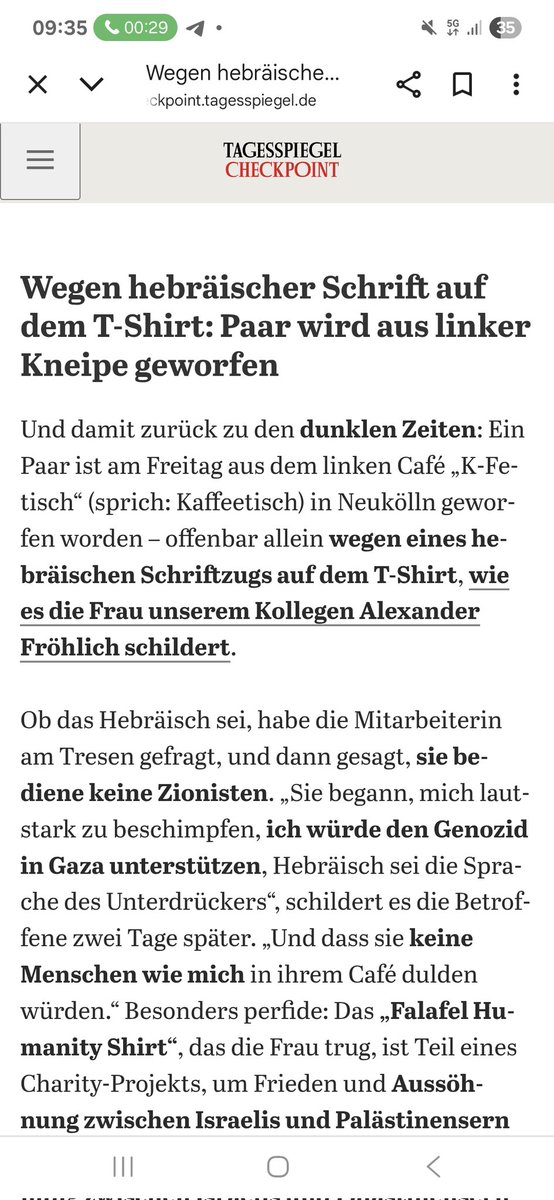 Das ist antisemitisch, nicht hinnehmbar, nicht links. Hier hat es zudem ein Paar getroffen, dass sich für Dialog &amp; Frieden ausspricht, was wir auch in Berlin angesichts der Polarisierung gerade dringend brauchen. #Solidarität! פלאפל
Falafel فلافل