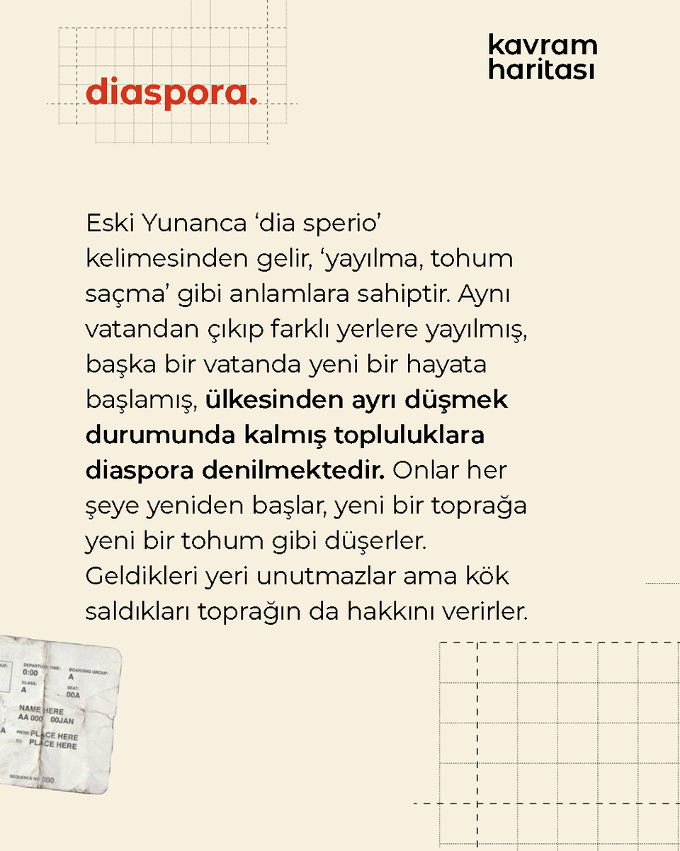 #Diaspora, eski Yunanca ‘dia sperio’ kelimesinden gelir, ‘yayılma, tohum saçma’ gibi anlamlara sahiptir. Aynı vatandan çıkıp farklı yerlere yayılmış, başka bir vatanda yeni bir hayata başlamış, ülkesinden ayrı düşmek durumunda kalmış topluluklara diaspora denilmektedir. Onlar her