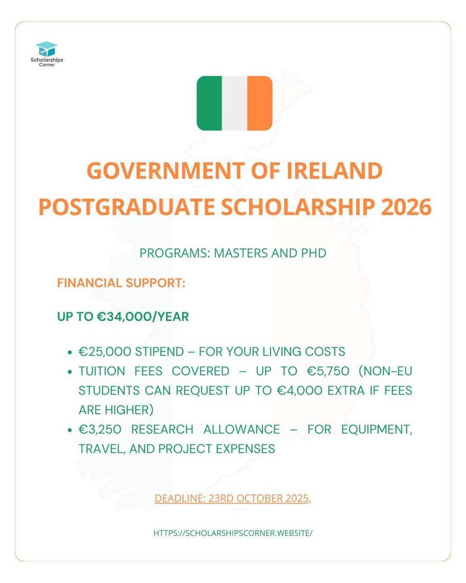 scholar_corner's tweet image. Government of Ireland Postgraduate Scholarship 2026 | Study in Ireland
Programs: Masters and PhD
Link: scholarshipscorner.website/government-of-…
Deadline: 23rd October, 2025.
Credit: 2025 Research Ireland
road
