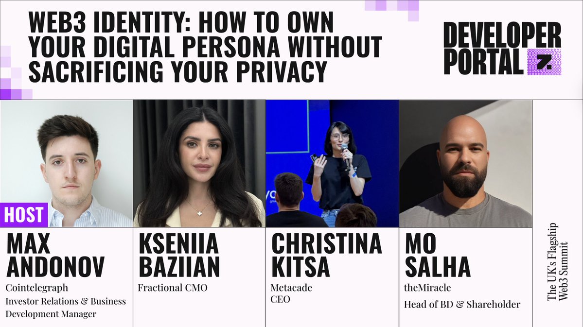 Zebu_live's tweet image. 6/ Identity is what enables people to feel ownership of something personal to them.

In Web3, our goal is to protect privacy, not sacrifice it.

Later today, we have Max Andonov from @Cointelegraph, Kesniia Baziian, Christina Kitsa, and Mo Salha discussing Web3 identity.