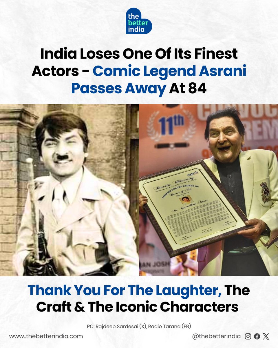 thebetterindia's tweet image. Bollywood has lost a legend.
Veteran actor Govardhan Asrani, fondly known as Asrani, the comic genius behind “Hum angrezon ke zamane ke jailor hain” from Sholay, passed away at 84 after battling respiratory complications.
Trained at FTII Pune, Asrani’s humour was timeless, his…