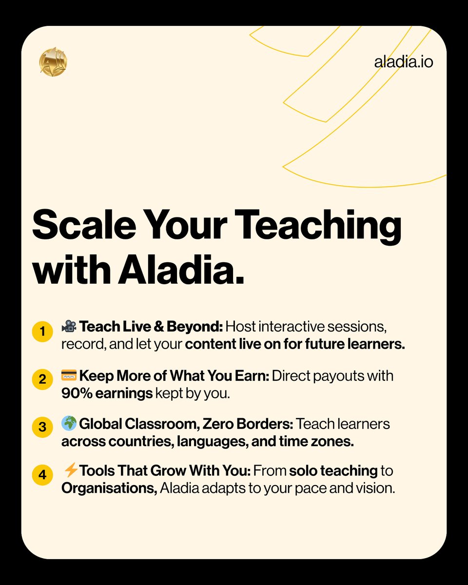 Aladiacorp's tweet image. Teaching is no longer limited by classrooms or time zones.
With Aladia, educators can teach live, record once, and reach students worldwide. 🌍

Click Here To Join ALADIA:
aladia.io/begin-today
📅 Book your 1:1 Onboarding call:
aladia.io/schedule-call

#EdTech #OnlineTeaching