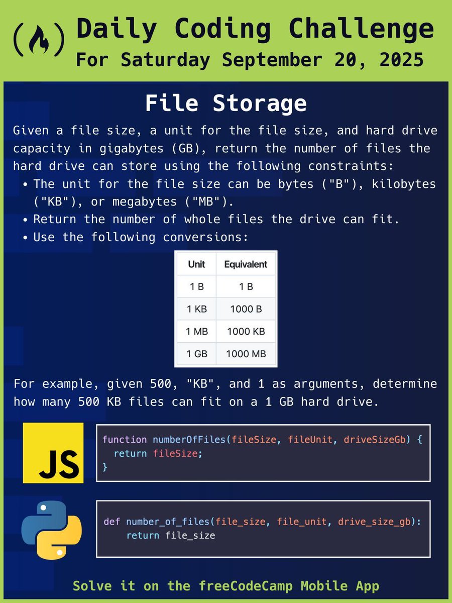 freeCodeCamp's tweet image. Today's coding challenge is all about file storage. You'll need to figure out how many files a hard drive can store. Check it out on the freeCodeCamp mobile app.