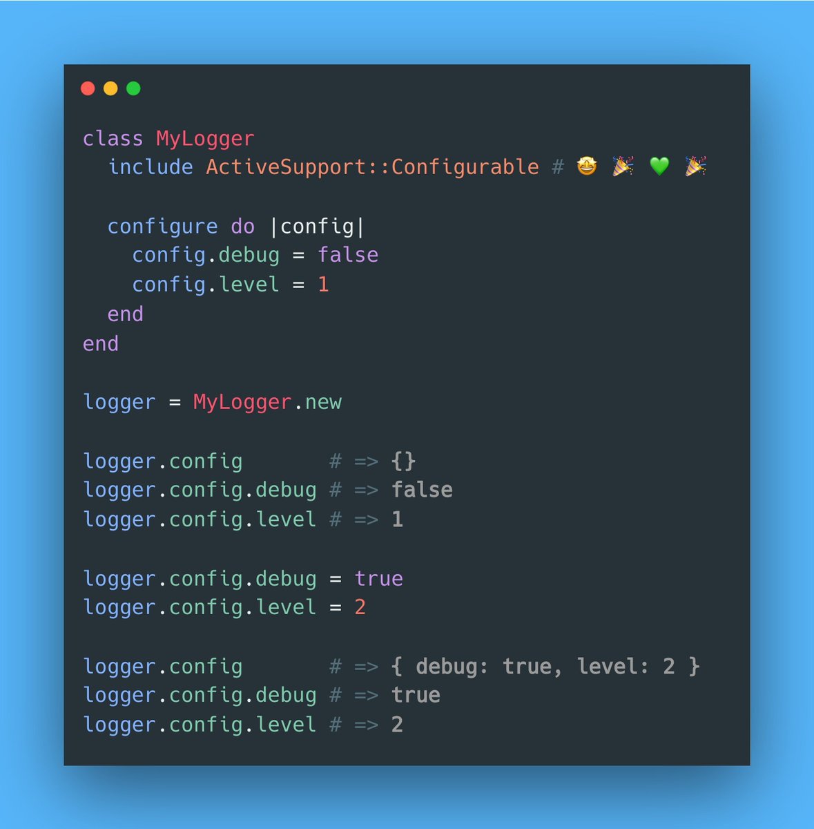 hatchvenom's tweet image. Did you know you can implement a complete Configuration pattern with `ActiveSupport::Configurable`? We also use the `configure` macro to set default values elegantly.
#rubyonrails #ruby @RubyCademy @rails
x.com/RubyCademy/sta…