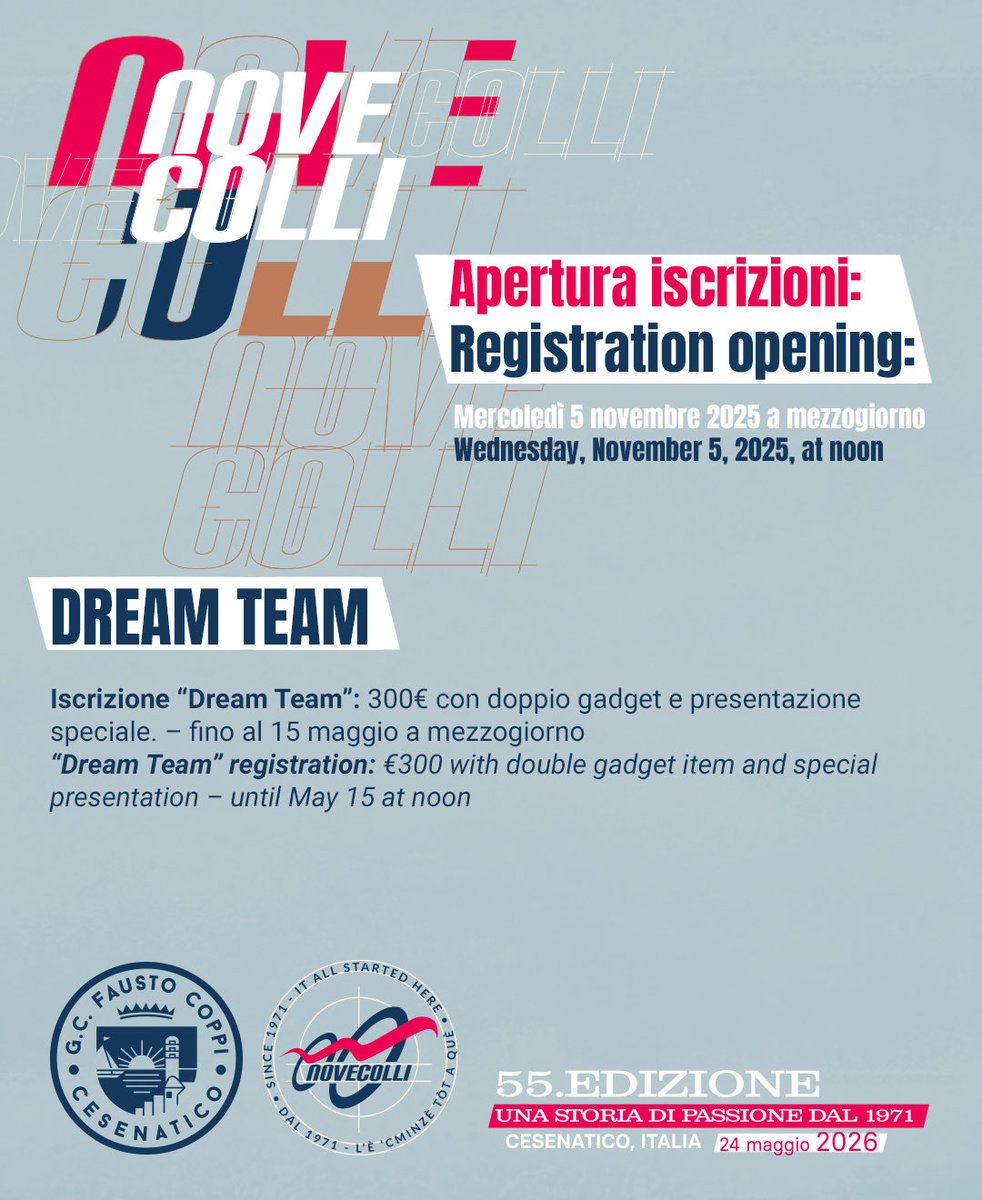 NoveColli's tweet photo. 🚴‍♂️ La Nove Colli celebra la 55ª edizione e i 60 anni del G.C. Fausto Coppi!
Apertura iscrizioni: 5 novembre 2025, ore 12.
3 percorsi (con il Gorolo che torna!), più il nuovo Gravel.

Join the Queen of Granfondos – May 24, 2026, Cesenatico!

👉 https://t.co/Sz6sKHGtN5 https://t.co/GAGO5yQMKc