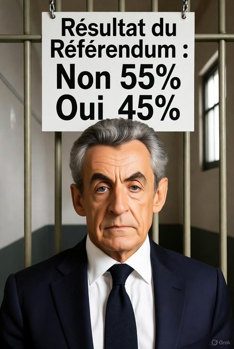 A man resembling Nicolas Sarkozy stands behind prison bars wearing a dark suit white shirt and tie with a serious expression. A sign hanging on the bars reads Résultat du Référendum Non 55% Oui 45% in French. The background shows a plain prison corridor with metal bars.