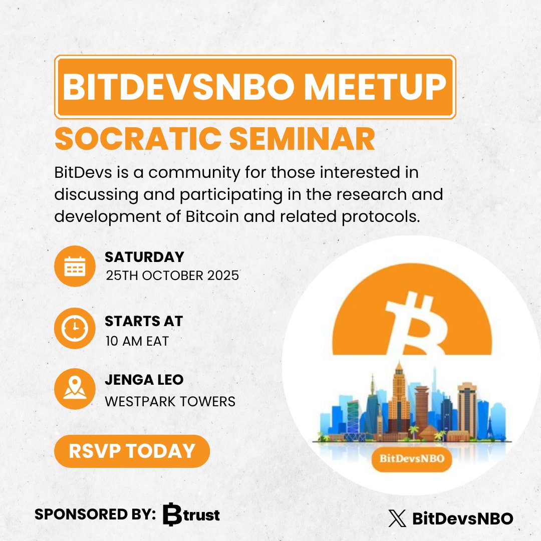 BitDevs Nairobi (@bitdevsnbo) on Twitter photo Join us this coming Saturday 🫡
RSVP 🔗 luma.com/q72kcnih Join us this coming Saturday 🫡
RSVP 🔗 luma.com/q72kcnih
