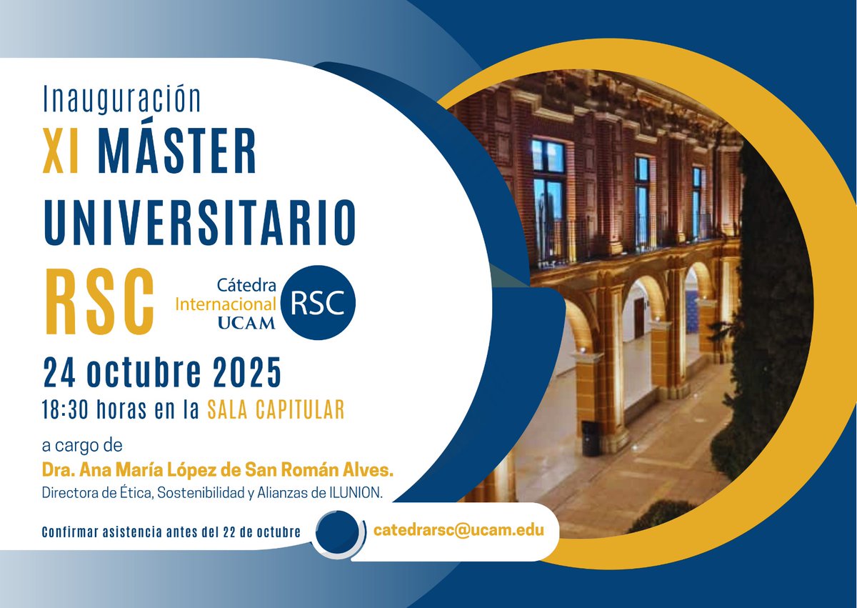 💬 Formar en sostenibilidad no es solo aprender… es decidir qué futuro queremos construir.

↘️Este 24 de octubre damos la bienvenida al XI Máster Universitario en RSC de la UCAM 🌱 Una nueva edición, un nuevo comienzo para quienes creen que las empresas pueden cambiar el mundo.