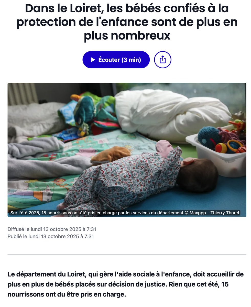 🚨 Dans le Loiret, l’Aide sociale à l’enfance fait face à une hausse alarmante du nombre de bébés placés 👶 Cet été, 15 nourrissons ont dû être pris en charge 😔 Situation critique : nous demandons des moyens d’urgence. letempsdelenfance.fr

francebleu.fr/emissions/l-in…