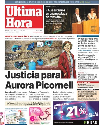 Esta portada de hace cuatro años, de un 21 de octubre como hoy pero de 2022. El dīa anterior se localizaron los cuerpos,y la memoria, de Aurora Picornell y las 'rojas' del Molinar . La historia dio un vuelco. Hoy, en el Parlament, la historia se revolcará.