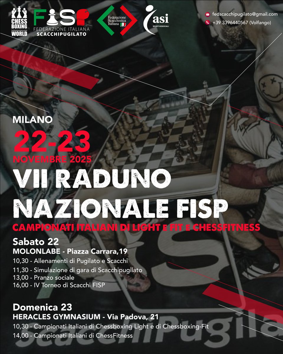 Campionati Italiani di chessboxing Light, Chessboxing-Fit e chessfitness scacchipugilato.it/campionati-ita…
<a href="/asi_nazionale/">ASI Nazionale</a> <a href="/federscacchi/">Federazione Scacchistica Italiana</a> <a href="/Federkombat/">FEDERKOMBAT</a> #Milano <a href="/ChessBoxing/">CHESSBOXING</a>