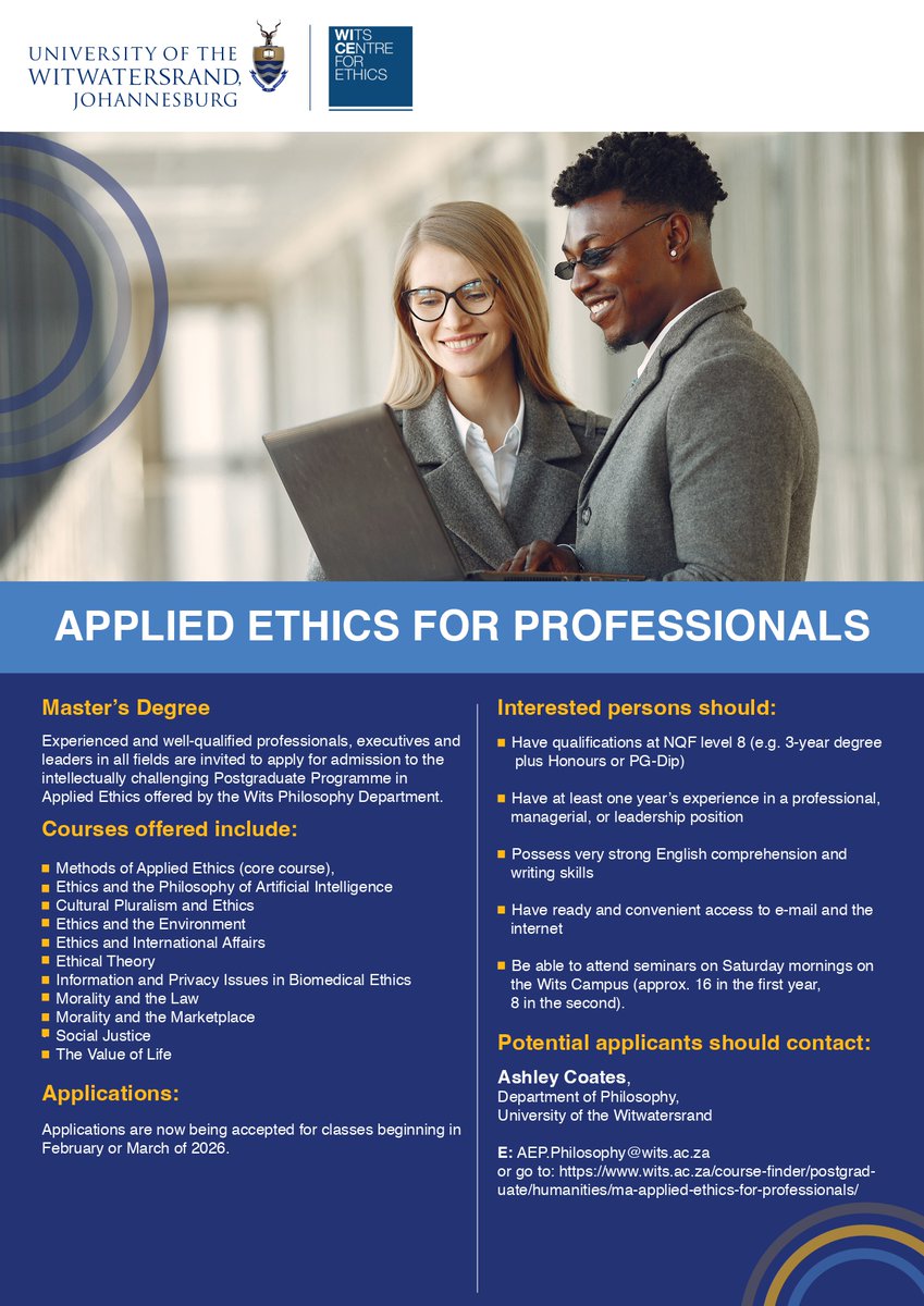 SOSSWits's tweet image. Are you a professional, executive or leader looking to deepen your understanding of ethics in today’s complex world? The MA in Applied Ethics for Professionals equips you to tackle ethical challenges in business, law, health, technology and beyond. More: ow.ly/p41u50XeKrh