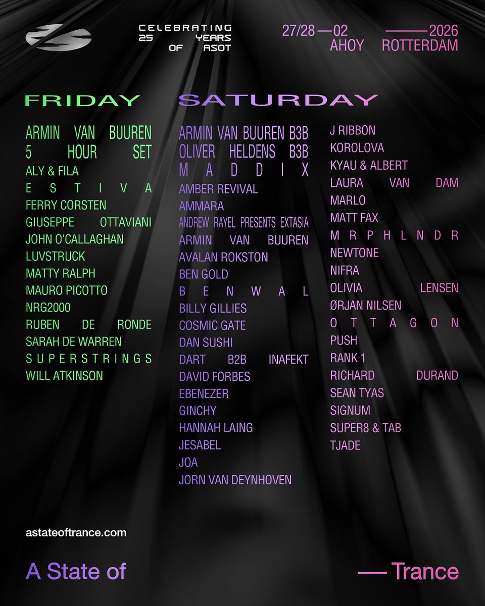edmmaxx's tweet image. アーミン主宰 トランスの祭典「A State of Trance」25周年記念公演 フルラインナップ解禁📣
世代を超えたトランス界のスターたちが集結、トランス25年の軌跡を祝う特別公演⚡️

🗒️edmmaxx.com/news/55480

#EDMMAXX @arminvanbuuren #arminvanbuuren @asot #asot