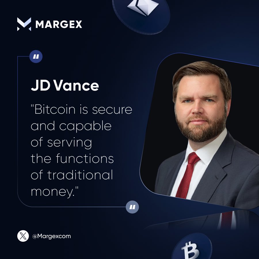 🗣️ J.D. Vance stated that #Bitcoin can perform the same functions as  traditional money in the digital age Trump administration follows a “let  the market decide” approach, supporting innovation and opposing excessive