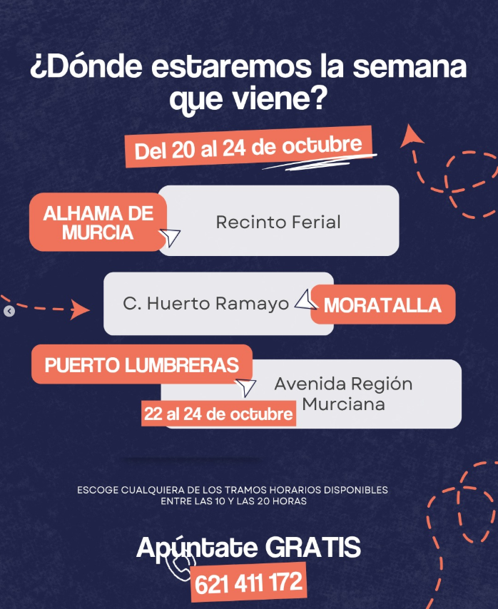📱🚐 ¡El aula móvil de #Applicate sigue en marcha!

Esta semana nos encontrarás en:
📍 Alhama de Murcia – Recinto Ferial
📍 Moratalla – C. Huerto Ramayo
📍 Puerto Lumbreras – Avda. Región Murciana (del 22 al 24 de octubre)

Ven a mejorar tus competencias digitales y descubre cómo