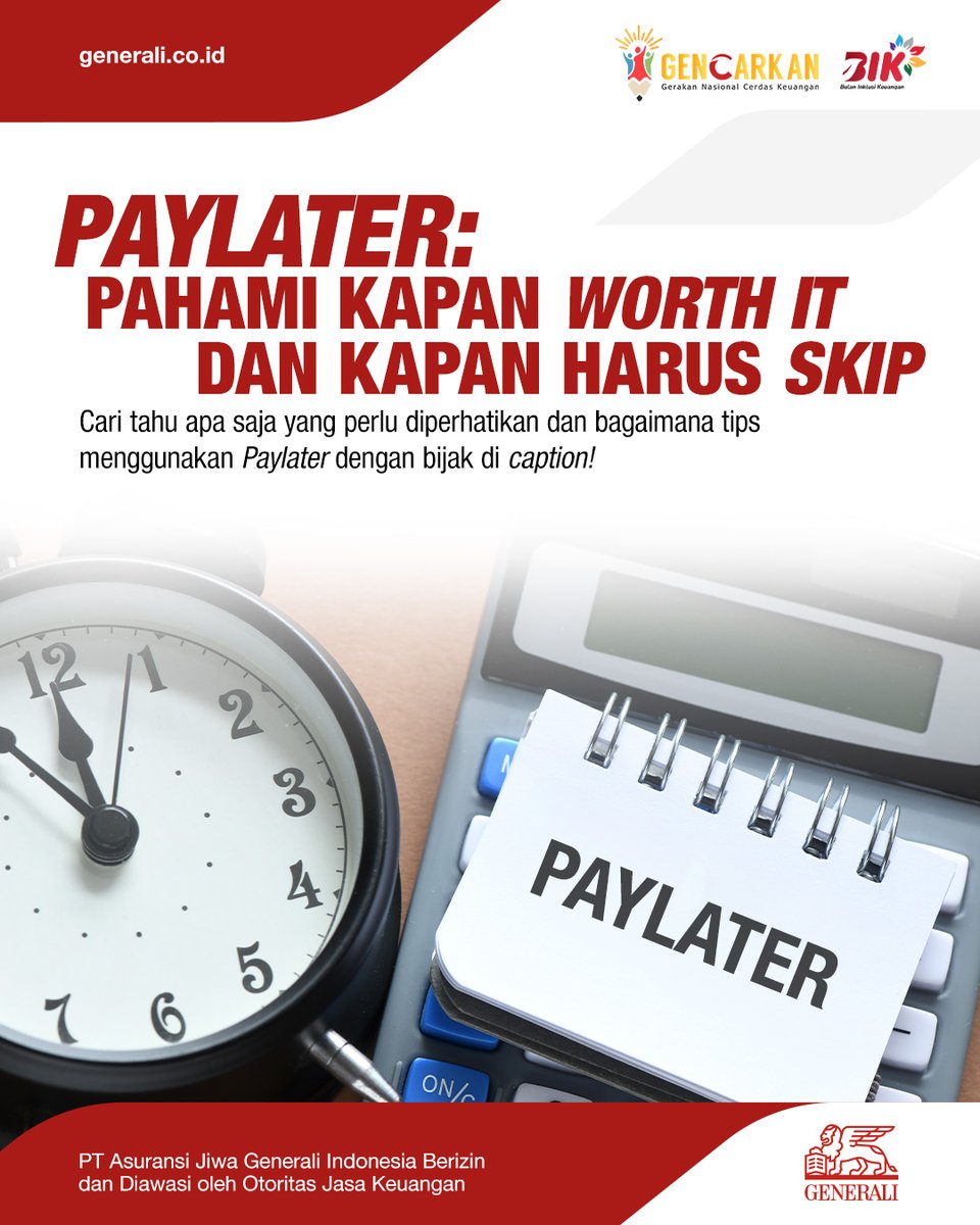 Generali_ID's tweet photo. Paylater menawarkan kemudahan untuk bertransaksi tanpa harus membayar langsung. Namun, hati-hati! Jika tidak digunakan secara bijak, layanan ini bisa menjebakmu dalam masalah utang. https://t.co/iqoZgpl0E7
