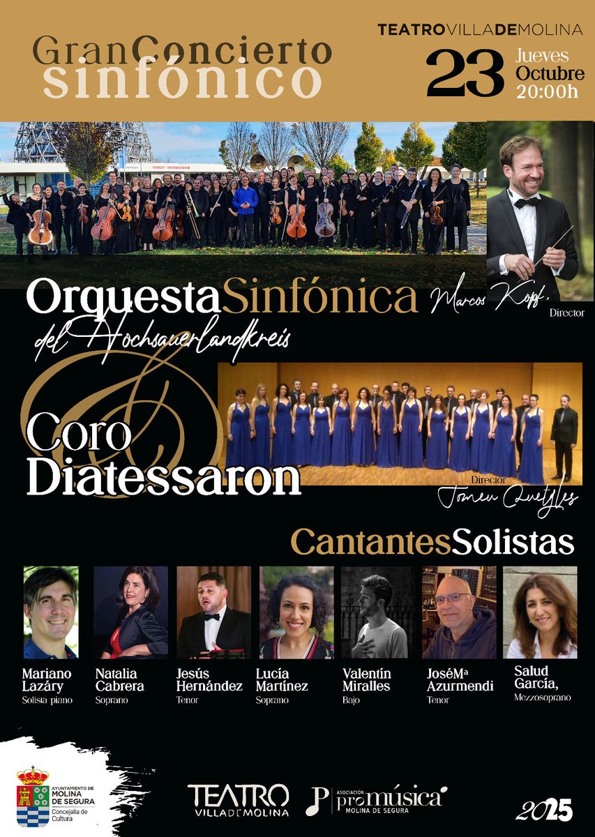 📷 La Orquesta Sinfónica del Hochsauerlandkreis y <a href="/Corodiatessaron/">Coro Diatessaron 🎶</a> ofrecen un Gran Concierto Sinfónico en <a href="/TeatrodeMolina/">Teatro Villa Molina</a> el jueves 23 de octubre.

📷 La primera cita del Ciclo 'Músicas Clásicas', organizado en colaboración con la Asociación 'Pro Música de Molina de Segura', ...