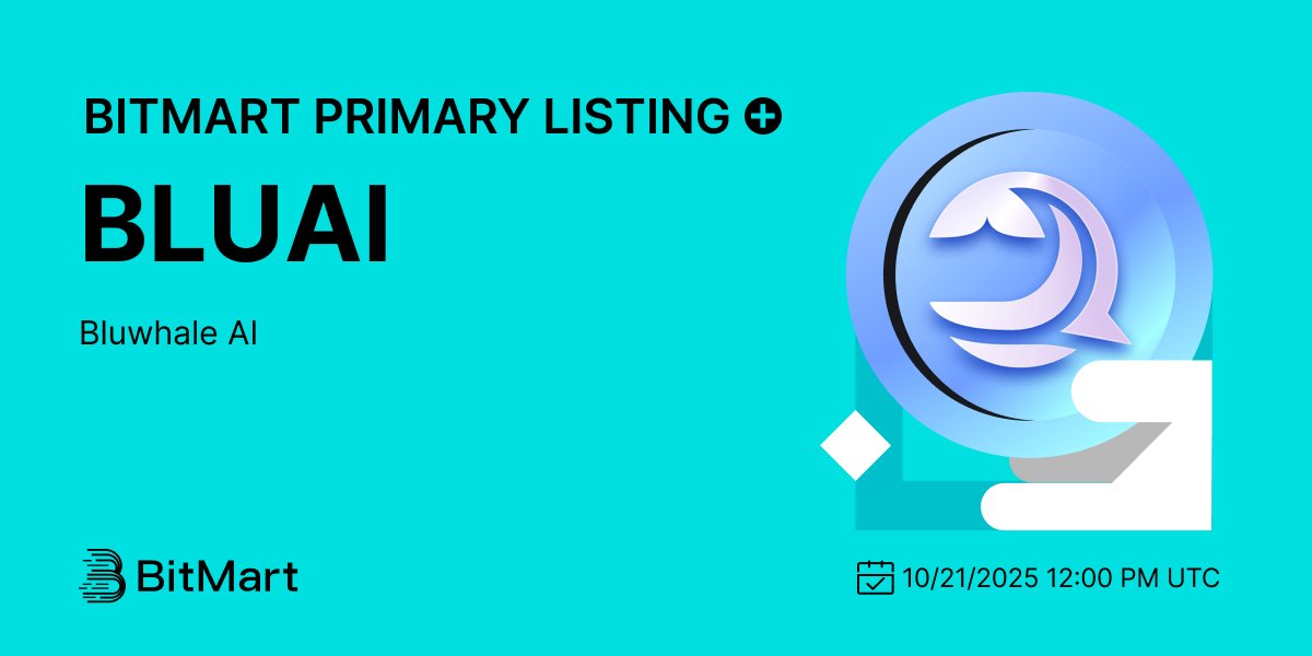 BitMartExchange's tweet photo. #BitMart announces the primary listing of Bluwhale AI (BLUAI) @bluwhaleai 🔥

Bluwhale is Web3’s Intelligence Layer — a consumer-powered decentralized AI network where developers/enterprises deploy AI agents to serve 3.6M users with financial services.

💰Trading pair: BLUAI/USDT
💎Deposit: Available
💎Trading: 10/21/2025 12:00 PM UTC

Learn more: https://t.co/eB88QMJr5S