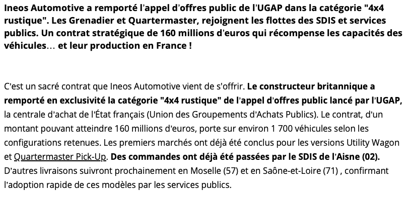 L'État schizophrène malusse de bientôt 100 000 € un 4x4 Grenadier qu'il commande ensuite pour 160 millions d'€, puis envisage de surtaxer l'E85… dont il commande la pose de 40 000 boîtiers de conversion pour ses véhicules…