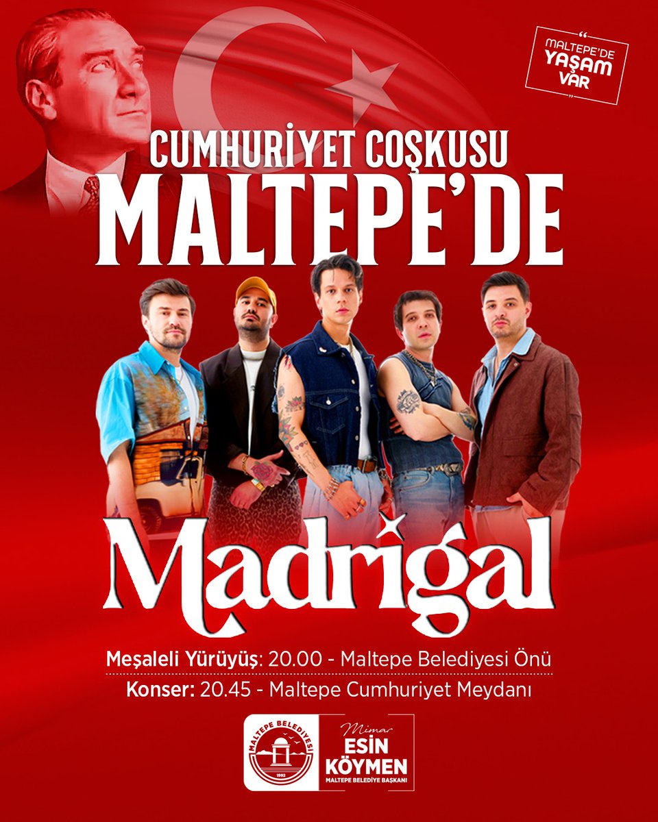 🇹🇷 YAŞASIN CUMHURİYET! 🇹🇷

Özgürlük ve demokrasimizin en büyük güvencesi olan Cumhuriyetimizin 102. yılını Maltepe’de coşkuyla kutluyoruz!

🎸 MADRİGAL

Meşaleli Yürüyüş:
🗓️ 29 Ekim Çarşamba | 🕖 20:00
📍 Maltepe Belediyesi Önü

Konser:
🕖 20:45
📍 Maltepe Cumhuriyet Meydanı

102
