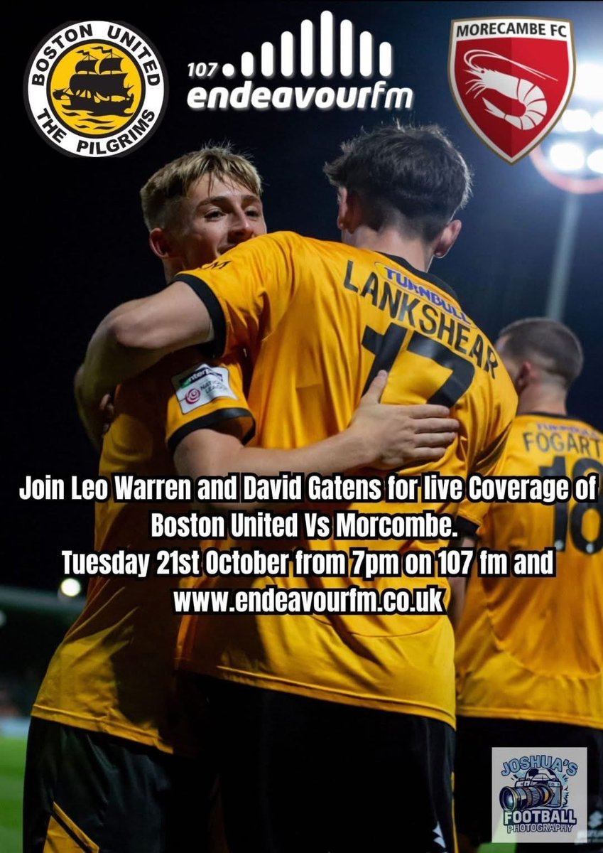 It’s a night under the lights at the JCS as <a href="/MorecambeFC/">Morecambe FC</a> come to town to face <a href="/bostonunited/">Boston United</a> and as always <a href="/endeavourfm/">107 Endeavour FM</a> has all the live build up and commentary from 7pm with <a href="/DavidGatensNEW/">David Gatens</a> and Leo! FM, online and via smart speakers 📻🟠⚫️⚽️