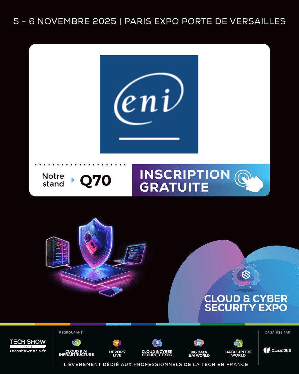 Rendez-vous au Tech Show Paris 2025 !!!

Cloud, DevOps, cybersécurité, data et IA... Rencontrez nos experts ENI Service et ENI Elearning (@editionseni).
📅 Les 5 et 6 novembre 2025
📍 Stand Q70 – Paris Expo Porte de Versailles

👉 Infos et inscriptions : eni-service.fr/rencontrez-les…