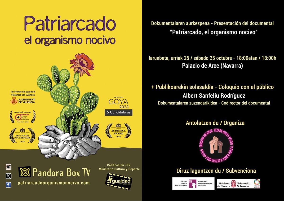 “Debemos conocer lo sustancial del maltrato psicológico que mantiene a las mujeres en relación de subordinación”

😉 Nos vemos en #Navarra #PalaciodeArce- 25/10 – 18h
🎥 Proyección+Coloquio con codirector
📍 Organiza: Erroibar, Artzibar, Aezkoa eta Orotz-Betelu

Mila esker! 😊