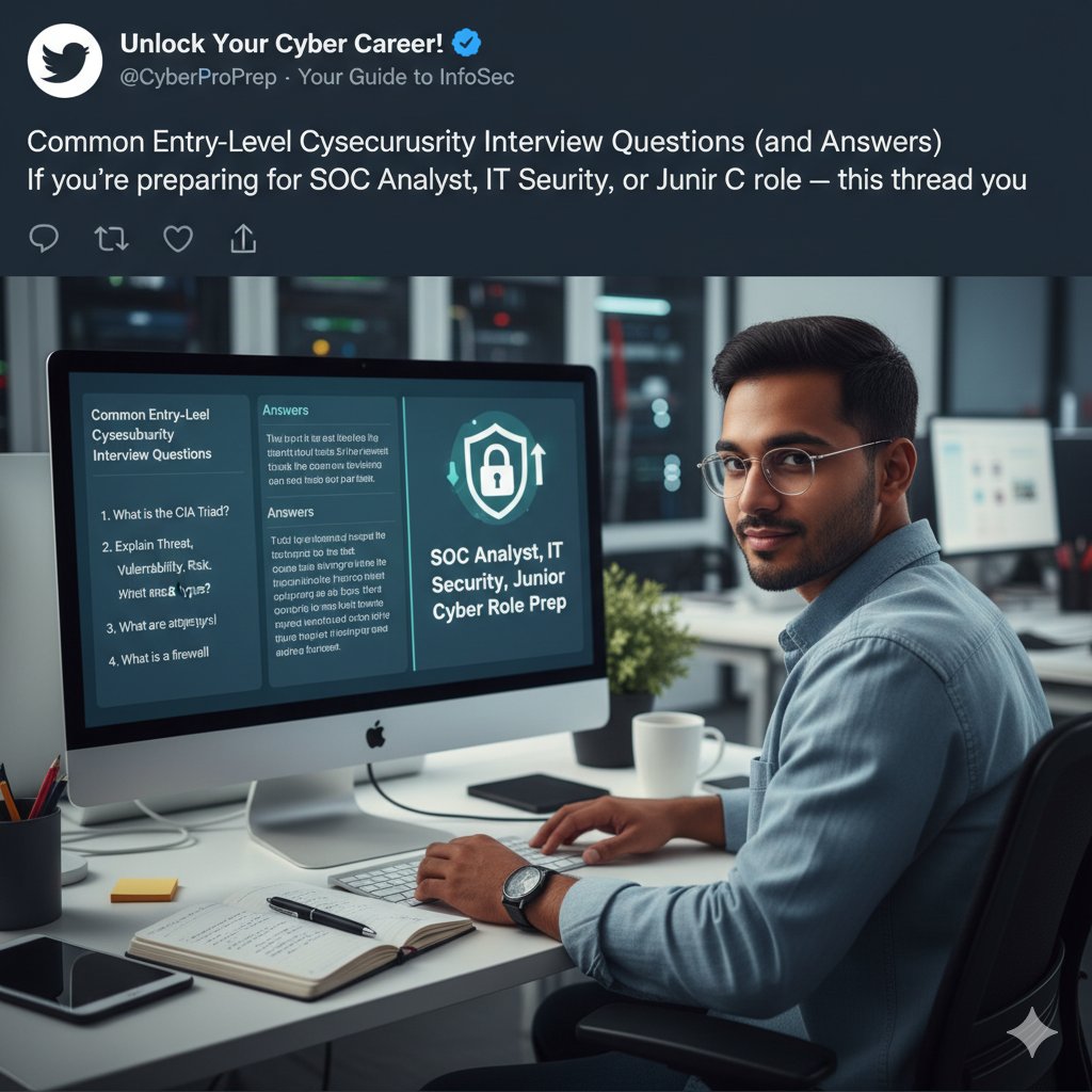 khalilApriday's tweet image. 💻 Common Entry-Level Cybersecurity Interview Questions (and Answers)
If you’re preparing for a SOC Analyst, IT Security, or Junior Cyber role this thread is for you 🧵👇
#CyberSecurity #InfoSec #CareerTips