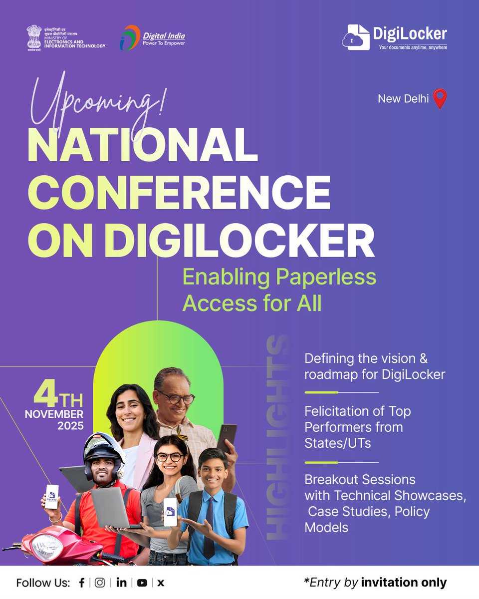 GoI_MeitY's tweet image. Upcoming Event! 

National Conference on DigiLocker: Enabling Paperless Access for All

Date: November 4, 2025
Location: New Delhi
(Entry by invitation only)

#DigitalIndia #PaperlessGovernance #DigiLocker #DigitalInclusion #TransformingIndia