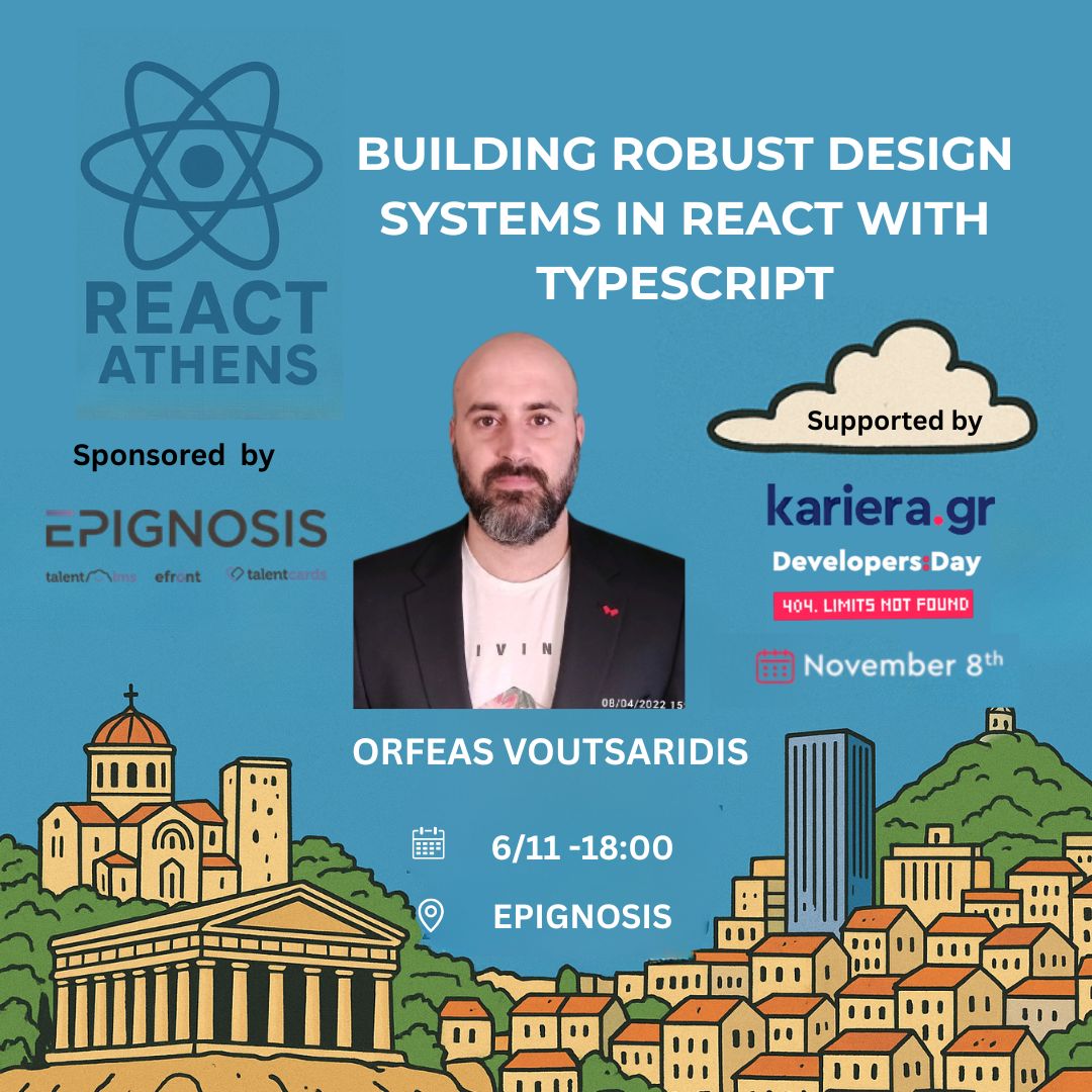 cityjsconf's tweet image. Design systems often get fragile as React apps scale. Learn from Orfeas Voutsarids how to build a robust, type-safe system with #React, #TypeScript & pnpm workspaces. Scale safely, evolve easily.
RSVP 👉 meetup.com/react-athens-m…
Sponsored by @epignosishq, supported by…