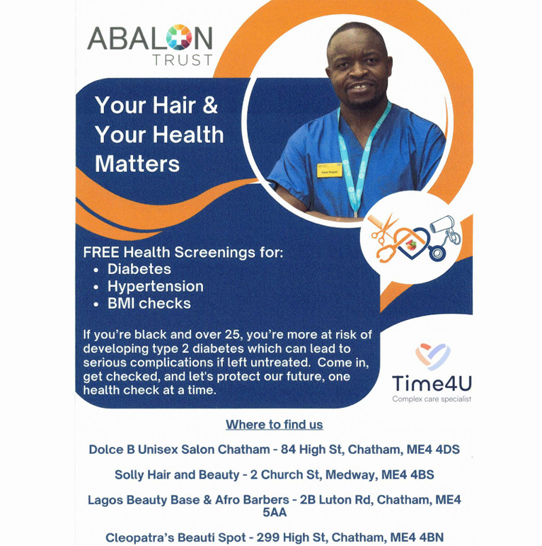 time4usupport's tweet photo. This Black History Month, we are proud to be in partnership again with Abalon Trust, a wonderful service that is encouraging Black men and women over 25 across Kent to get themselves screened for diabetes, hypertension and BMI checks.
They support our staff by providing these services, and also we are working with them to deliver 5/6 sessions of focused diabetes training to help specialize the level of knowledge for our staff. This will then allow for better care for the people we support, and peace of mind for our staff who have also had the free checks.
We encourage anyone eligible to take up this wonderful opportunity, and special thank you to Adam Mapani and the team for supporting us, and everyone in the company.