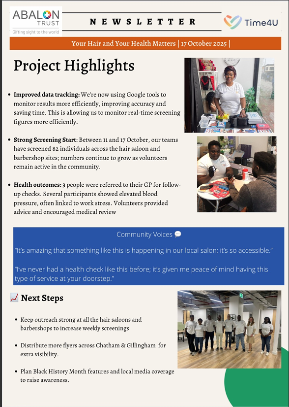 This Black History Month, we are proud to be in partnership again with Abalon Trust, a wonderful service that is encouraging Black men and women over 25 across Kent to get themselves screened for diabetes, hypertension and BMI checks.
They support our staff by providing these