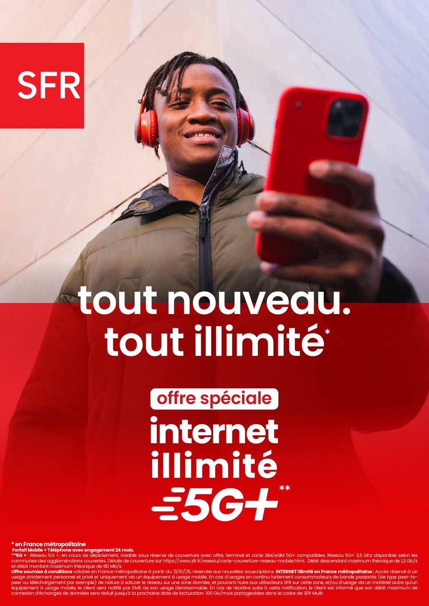 Data illimitée, international, 5G+ : #SFR enrichit ses deux forfaits premium : « offre spéciale illimité 5G+ » et « 250 Go 5G+ »

Le communiqué 👉 static.s-sfr.fr/AlticeFrance/c…

Les offres 👉 sfr.fr/offre-mobile