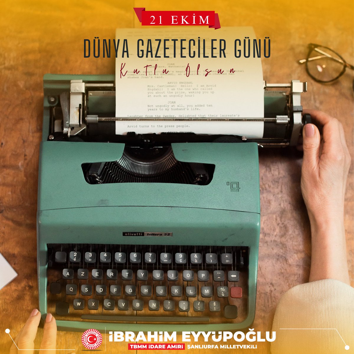 Doğru, tarafsız ve ilkeli habercilik anlayışıyla milletimizin gözü, kulağı ve sesi olan tüm basın mensuplarının 21 Ekim Dünya Gazeteciler Günü’nü kutluyor, meslek hayatlarında başarılar diliyorum.

Görevini yerine getirirken hayatını kaybeden tüm gazeteci emekçilerini de rahmet,
