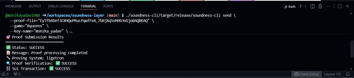 monikayadav1980's tweet photo. π» Proof #21 generated & submitted through the Soundness CLI β smooth, precise, and unstoppable. βοΈβ¨
Team Bloop keeps the zk engines humming. ππ
Props to @SoundnessLabs & @TheHubKeeper for keeping the zero-knowledge vibe alive! β‘π
#TeamBloop #SoundnessCLI #zkProofs https://t.co/dtKN6o0NE9