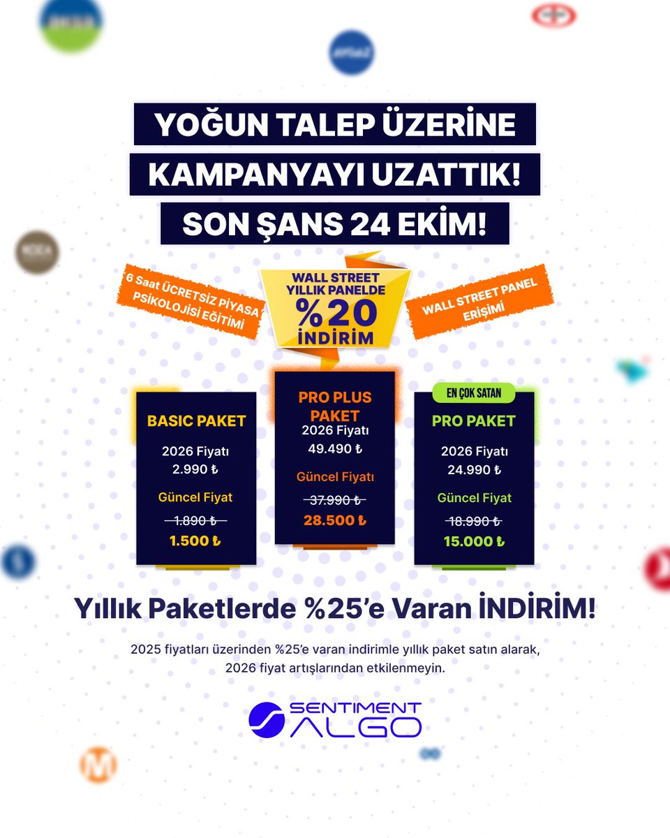 algo_sentiment's tweet image. 🚨 YOĞUN TALEP ÜZERİNE KAMPANYAYI UZATTIK! SON ŞANS 24 EKİM! 🚨
Yıllık paketlerde %25’e varan indirim ve özel hediyeler seni bekliyor:
💼 24 Ekim Sonrası Yıllık Fiyatlar:
* Basic Paket: 2.990₺
* Pro Paket: 24.990₺
* Pro Plus Paket: 49.490₺
🎁 Paket Hediyeleri:
* Basic…