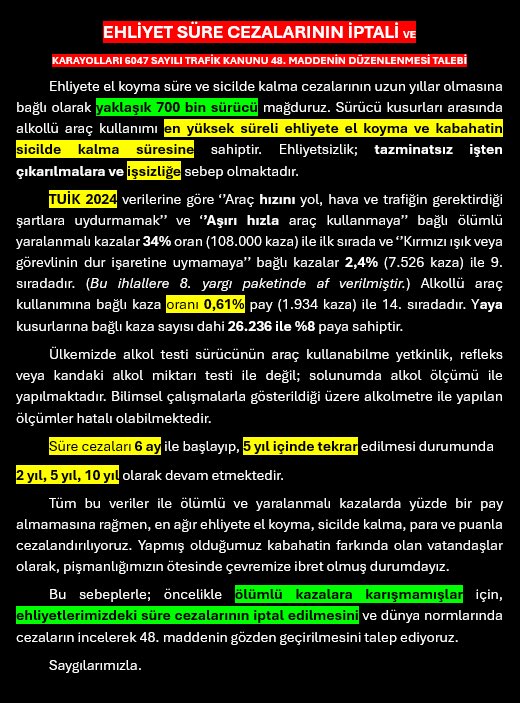 Şoföre UmutHakkı 
DÜNYADA 
İlk kez alkollü araç kullanıma sadece para cezası cezası 
İkincisinden itibaren süre cezası uygulanıyor
🇧🇪 Belçika 8 gün 
🇵🇱 Polonya 3 ay 
🇫🇮 Finlandiya 3 ay
🇬🇧 ingiltere 1 ay 
🇩🇪 Almanya 1 ay 
🇱🇺 Lüksemburg 3 ay 
🇳🇴 Norveç 2 ay  

🇹🇷 TÜRKİYE:  ilk ceza
