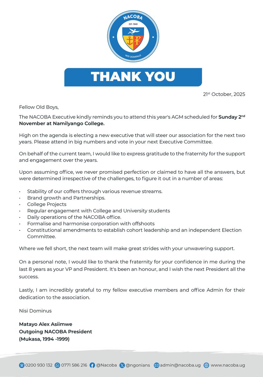 <a href="/ngonians/">NACOBA</a> we have 12 days to the NACOBA AGM. You are reminded that this is an election year and are encouraged to attend the AGM to elect the new executive that will steer our association for the next 2 years.
#nisidominus