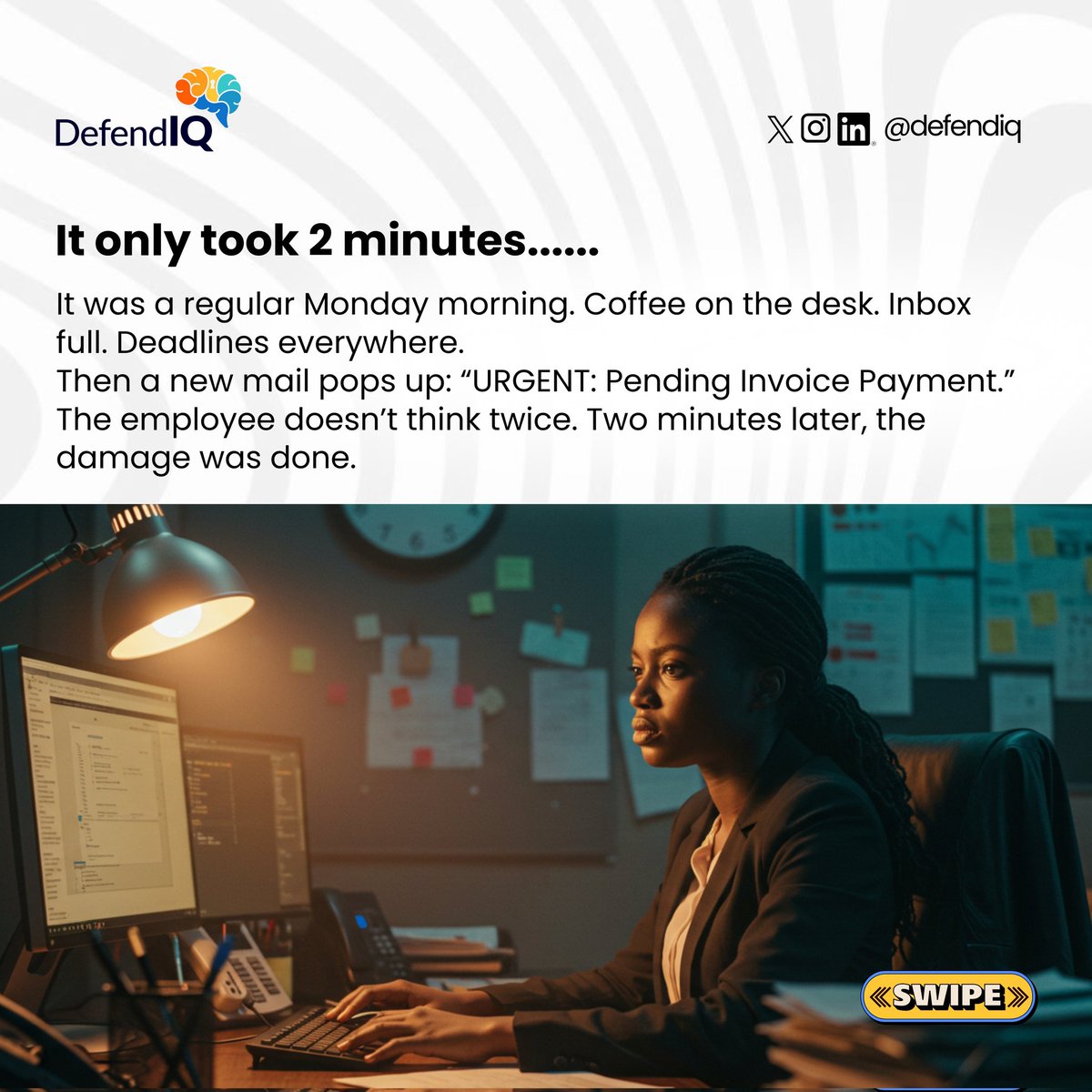 DefendIq's tweet photo. It's still cyber awareness month and we're all out to make you know that phishing isn't tech, it is about trust. One fake invoice email almost cost 50 million.

Stay alert, get trained today with DefendIQ.

#DefendIQ https://t.co/hysZUBpFo6